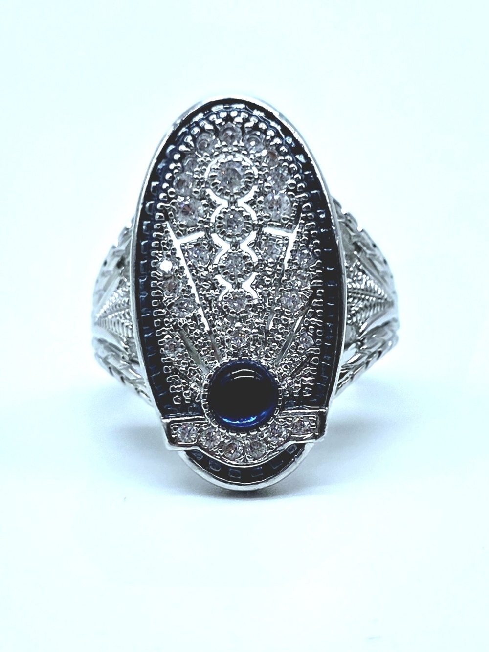 Silver-Tone Women's Cocktail Ring with Blue Zircon